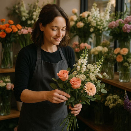 Female florist holding a bouquet of flowers in her flower shop