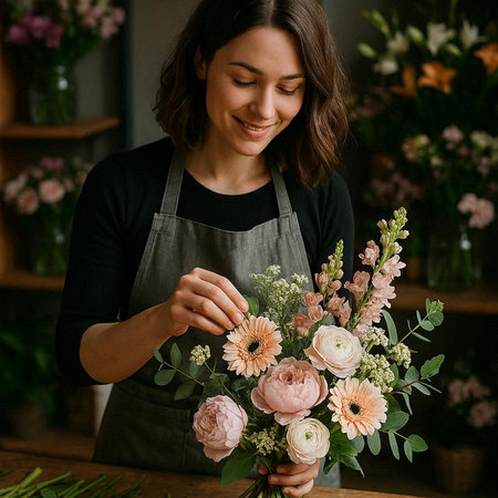 Female florist making beautiful bouquet in her flower shop.