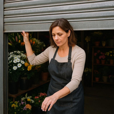 Female florist in apron standing in front of flower shop