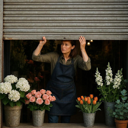 Beautiful young florist woman in apron and apron working in flower shop