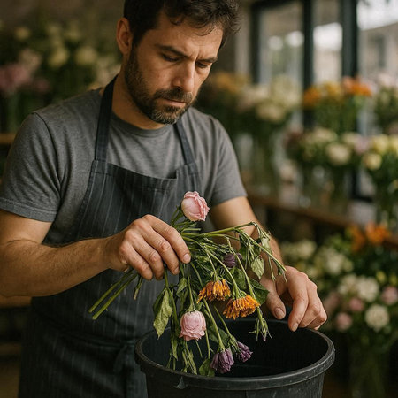 Male florist working in his flower shop. Handsome male florist making bouquet of flowers.