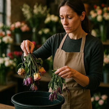 Female florist working in flower shop. Female florist making bouquet of flowers.