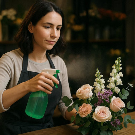Young female florist working in flower shop, using spray bottle