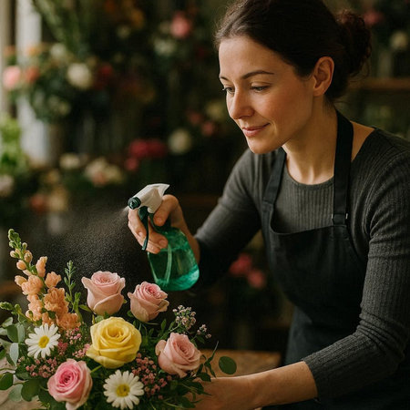 Female florist spraying water on flowers in flower shop. Floristry concept