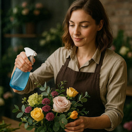 Female florist using spray bottle to make bouquet of flowers