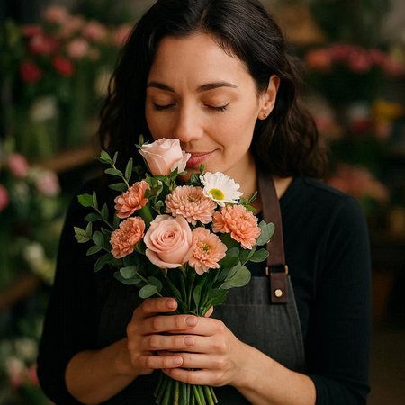 Beautiful young woman florist holding a bouquet of flowers.