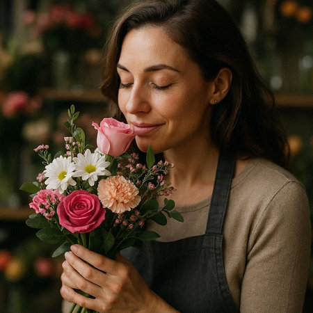 Beautiful young woman florist with a bouquet of flowers