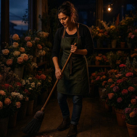 Young female florist in apron working in her flower shop