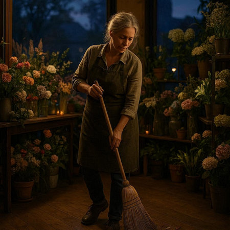 Beautiful mature florist working in her flower shop, using a broom