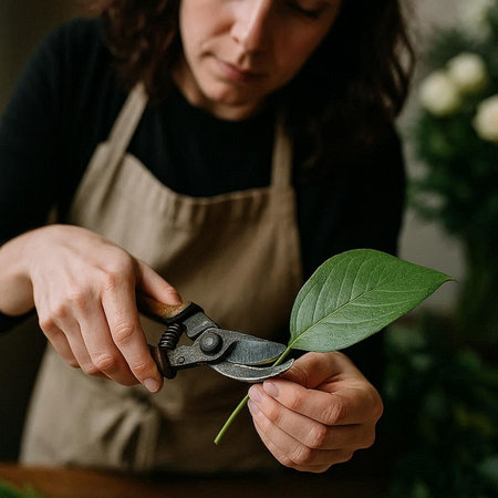 Female florist cutting a green leaf with pruning shears