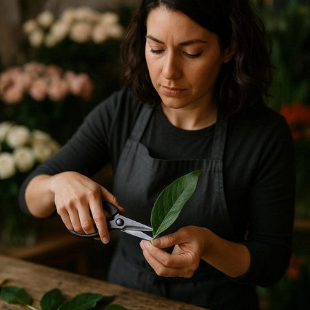 Female florist cutting a green leaf with scissors in flower shop