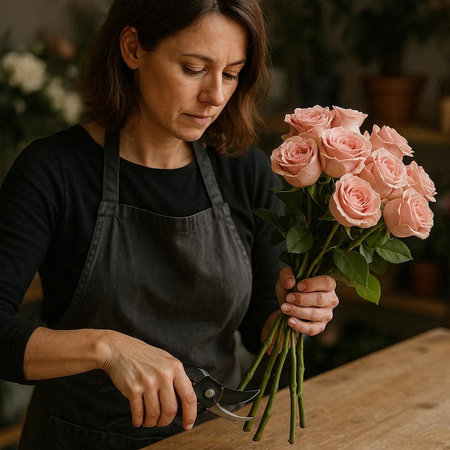 Female florist making bouquet of pink roses in flower shop