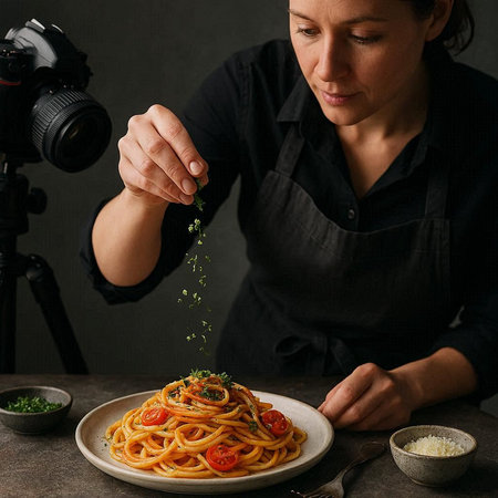 Female photographer is preparing spaghetti with tomato sauce and parsley in studio