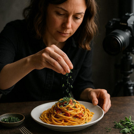 Woman eating spaghetti bolognese with tomato sauce and herbs.