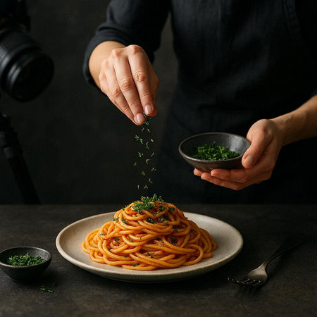 Male hand sprinkles parsley on spaghetti with tomato sauce. Italian cuisine