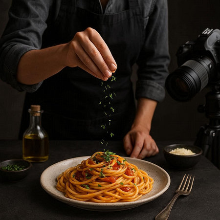 Tasty appetizing classic Italian pasta with tomato sauce, parmesan cheese and herbs in a plate.