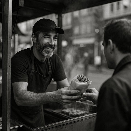 Mature man selling ice cream at a street food stall. Black and white photo.