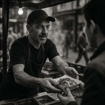 Coffee Shop Seller Selling Food to the Customer in Black and White