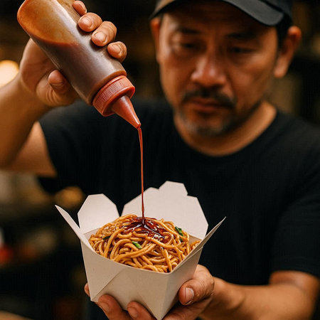 Close-up of Asian man pouring tomato sauce on spaghetti in paper box.