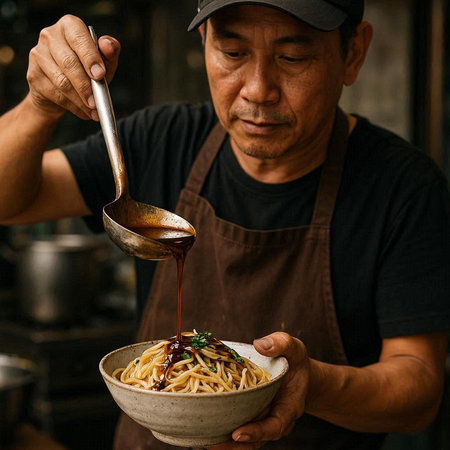 Asian man cooking spaghetti in a pot at a restaurant. Close up.