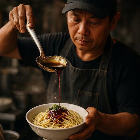 Handsome asian man holding a bowl of spaghetti and pouring sauce.