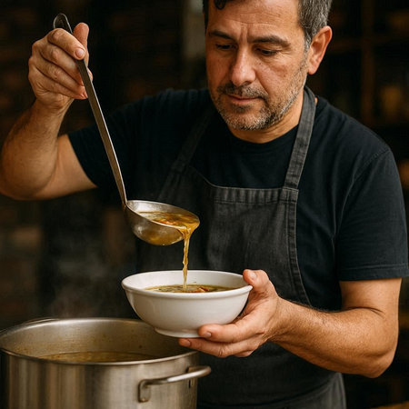 Handsome middle-aged man cooking soup in a restaurant kitchen.