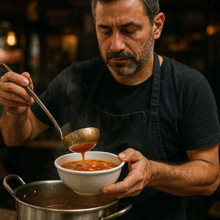 Close-up of a man in a black T-shirt and apron is cooking soup in a restaurant.