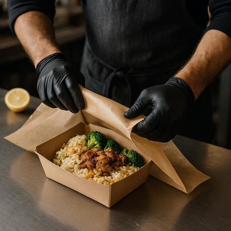 cropped view of chef in black gloves holding box with cooked rice and broccoli