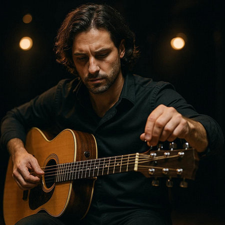 Portrait of a man playing acoustic guitar in a dark room.