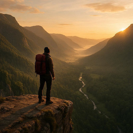 Hiker with backpack standing on the edge of a cliff and enjoying the view at sunrise.