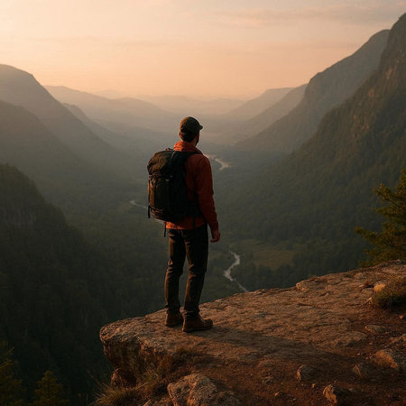 Hiker with backpack standing on the edge of cliff and looking at misty valley
