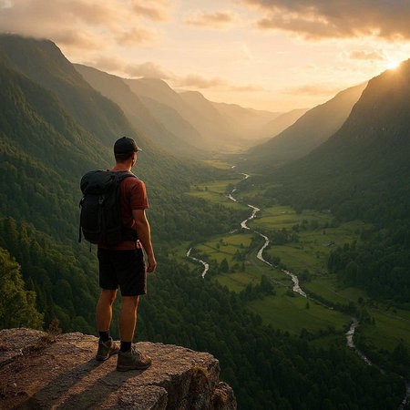 Man with a backpack standing on the edge of a cliff and looking at the valley.