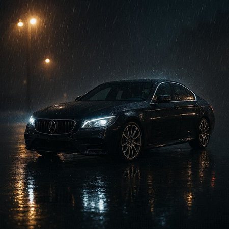 Car in the rain on a rainy night. Car on the road.