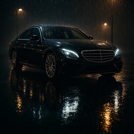 Car in the rain on a rainy night. Car in the rain.