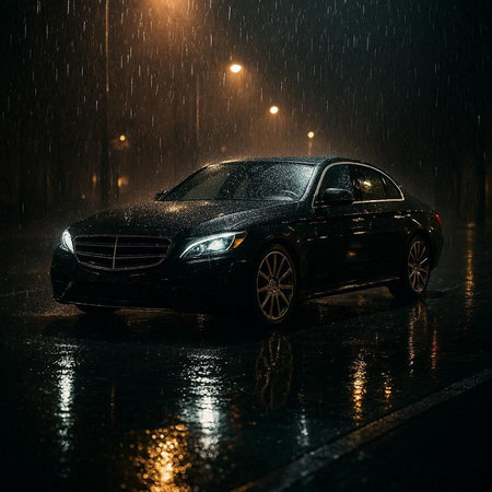 Car in the rain on a rainy night. Car in the rain.