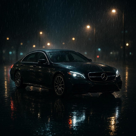 Car on wet road at night. Rainy weather. Car in the rain.