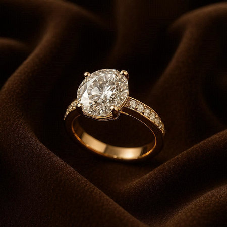 Wedding ring with a diamond on a background of brown satin