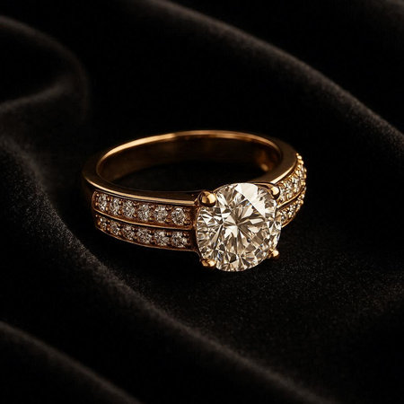 Gold ring with diamonds on a black satin background, closeup
