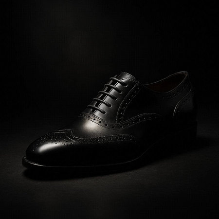 Black leather men's shoes on a black background. Classic style.