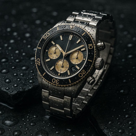 Wrist watch with black dial on a black background with water drops