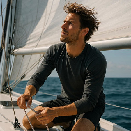 Handsome young man sailing on sailboat or yacht in the sea