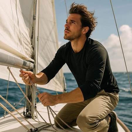 Handsome young man sitting on the bow of a sailing yachtの写真素材
