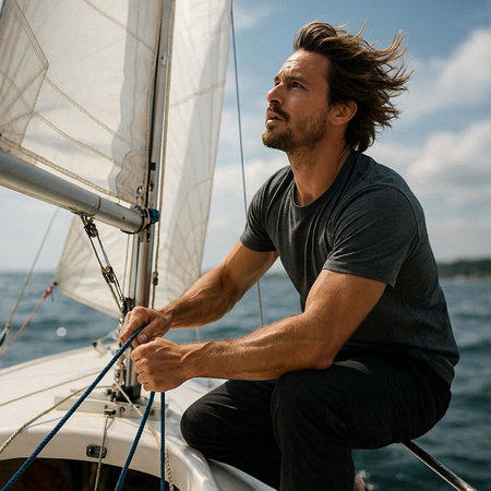 Handsome man sailing on a yacht on a sunny day.の写真素材