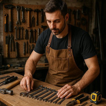 Carpenter working on a wooden table with a set of toolsの写真素材