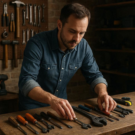 Handsome carpenter working with a set of tools in his workshop