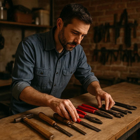 Handsome craftsman working in his workshop. Handsome caucasian man in a blue shirt and jeans working...