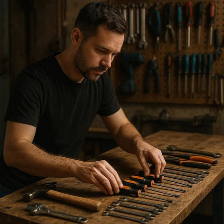 Handsome young man in black t-shirt working with tools in workshopの写真素材