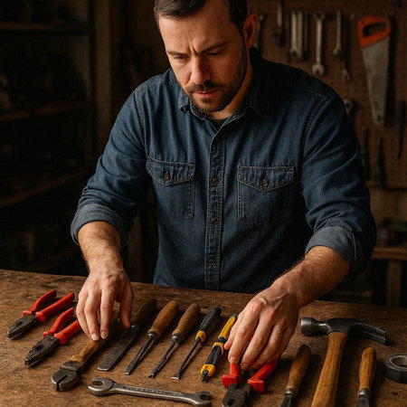 A man in a denim shirt works with tools in his workshop.の写真素材