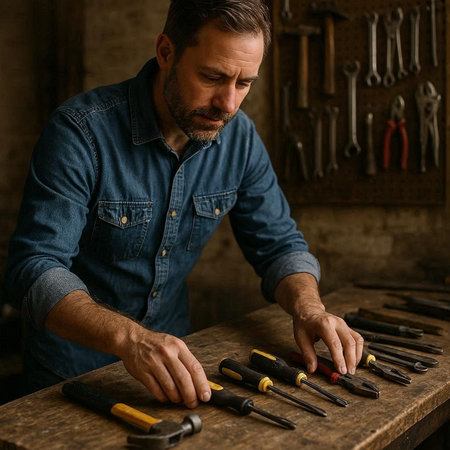 Handsome caucasian carpenter working in his workshop.の写真素材