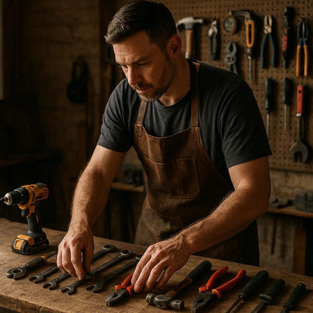 Handsome caucasian carpenter working with tools in his workshop.の写真素材
